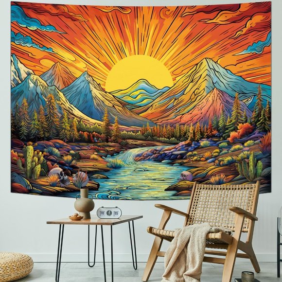 Colorful Mountain Scenery Tapestry Blue Orange Stream Landscape Big Wall Art New